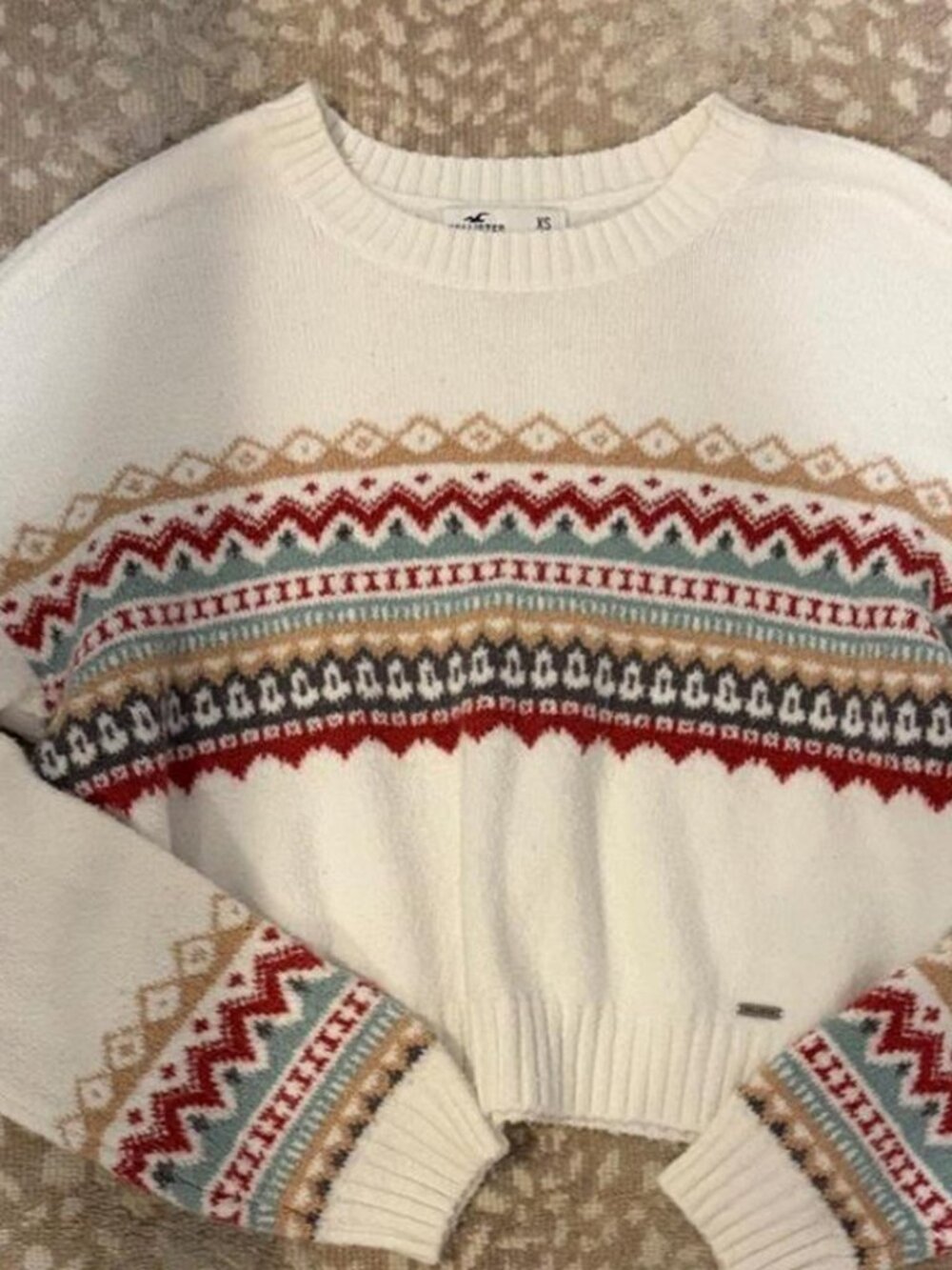 Cream Fair Isle Cropped Crew Neck Knit Sweater